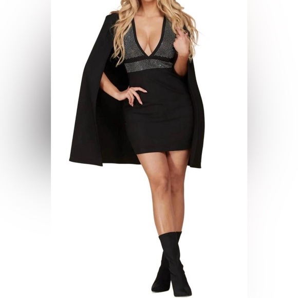 L'ATISTE Dresses & Skirts - L’ATISTE Rhinestone Cape Mini Dress Black Plunging V Neck Party Cocktail Size M